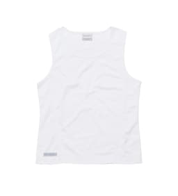 A women's plain white singlet with a light, breathable fabric and a branding logo at the hem.