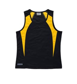 A black and yellow women's singlet featuring a logo on the side and a sporty design.