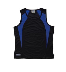 A women's singlet in black with blue spliced accents, featuring a logo on the hem.