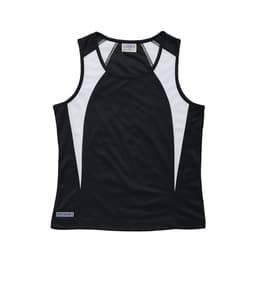 A women's singlet in black with white spliced panels, featuring a logo on the bottom.