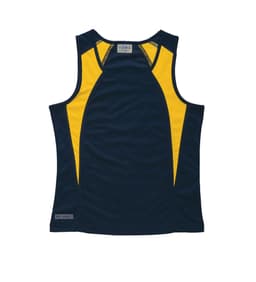 A navy and yellow women's singlet featuring a branded logo and a sporty spliced design.