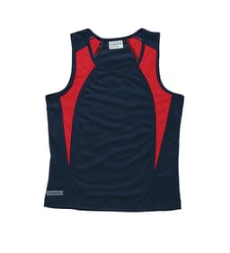A navy and red women's singlet with a logo, featuring a sporty design and a sleeveless cut.