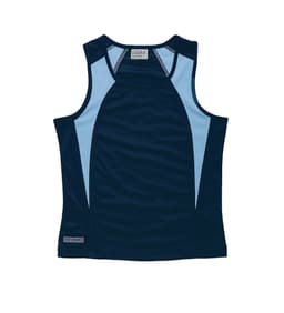A navy and light blue women's singlet featuring a logo, made from moisture-wicking fabric.