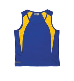 A women's singlet in blue with yellow spliced panels, featuring a branded logo.
