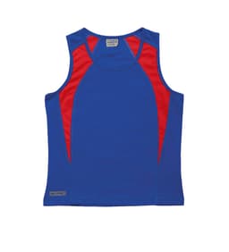 A blue women’s singlet with red spliced detailing, featuring a logo on the hem.