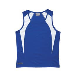 A women's singlet in blue with white spliced panels, featuring a logo on the bottom.