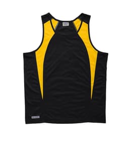 A black singlet with yellow spliced accents and a branding logo at the hem.