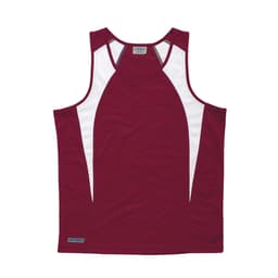 A burgundy singlet with white spliced panels and a logo on the bottom. Ideal for sports and active wear.