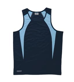 A navy singlet with light blue spliced panels and a small logo at the bottom. Suitable for youth.