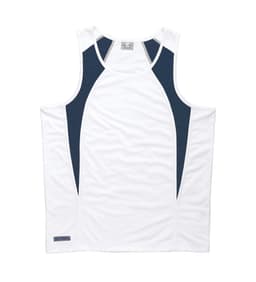 A white singlet with navy spliced panels and a logo at the hem, designed for youth.