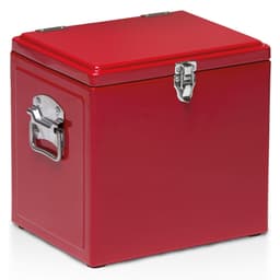 A red vintage cooler box with a metal handle and clasp, featuring a shiny, smooth finish.