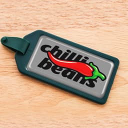 A rectangular resin-coated label in grey and green featuring a red chili pepper and text.