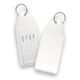 A white vinyl key tag with a keyring, featuring a blank area for writing information on both sides.