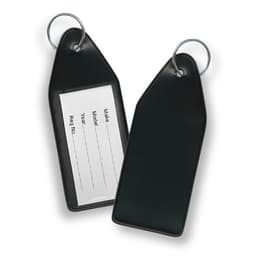 A pair of black vinyl key tags with a metal ring for attachment, featuring a blank label for information.