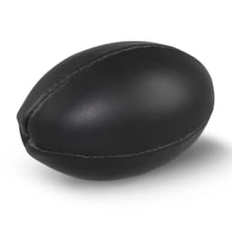 A black mini rugby ball featuring a smooth leather texture and stitched detailing.