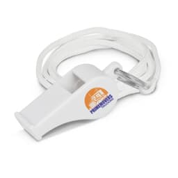 A white sports whistle with a logo, attached to a white lanyard for easy carrying.