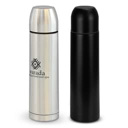 A drink bottle set featuring a silver stainless steel flask and a black flask, each with a logo.