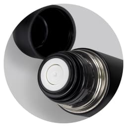 A drink bottle featuring a black exterior with a silver interior and a screw-on lid. The bottle has a logo.