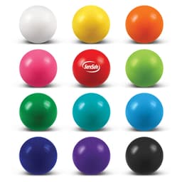 A variety of round stress balls in multiple colours, including white, yellow, orange, pink, green, blue, and purple, with one logo.