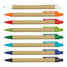 A selection of plastic pens with Kraft paper bodies in various colours: white, orange, red, green, blue, and black.
