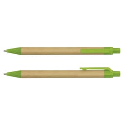 A Kraft Pen featuring a brown paper barrel and green plastic details. The pen has a logo on its surface.