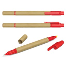 A set of Kraft pens with red accents, including highlighters and retractable pens, featuring a cardboard design.