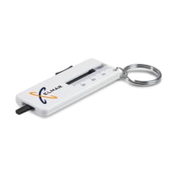 A white tyre tread key ring with a keychain, featuring a ruler and a branding logo.