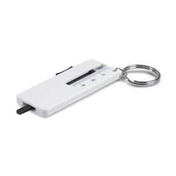 A white tyre tread key ring with a measurement ruler and a silver metal keyring attached.