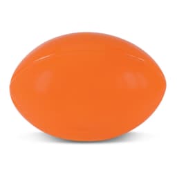 An orange stress rugby ball, designed for relieving stress and promoting fun.