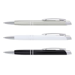 Three metallic pens in grey, white, and black, each with silver accents and a logo on the barrel.