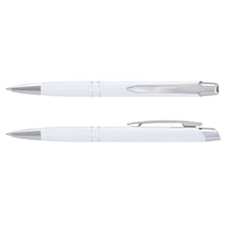 A white metal pen featuring a textured grip and chrome accents, displayed from two angles. It has a logo on the body.