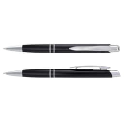 A black metal pen with chrome accents, featuring a sleek design and a clip on the side. It has a brand logo.