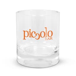 A glass tumbler featuring the logo "piccolo BAR" in orange.