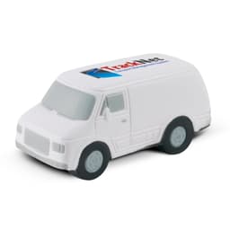 A stress toy in the shape of a van, featuring a logo on the roof. The van is primarily white with black wheels.