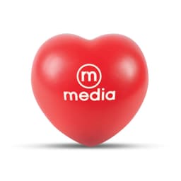 A red heart-shaped stress ball with the word "media" printed on it.