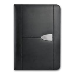 A large black leather portfolio featuring a silver clip closure and a sleek design, ideal for office and business use.