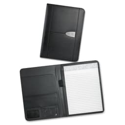 A large black leather portfolio featuring an interior notepad, card pocket, and branding.
