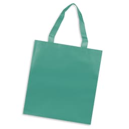 A turquoise tote bag with two flat handles and a simple design. Features a logo on one side.
