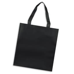 A black tote bag with two sturdy handles and a minimalist design. Features a logo on the front.