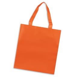 An orange tote bag with two handles and a simple, solid design. It features a logo on one side.