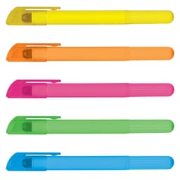 Five wax highlighters in yellow, orange, pink, green, and blue, featuring caps for each colour. Each has a textured grip and a logo.