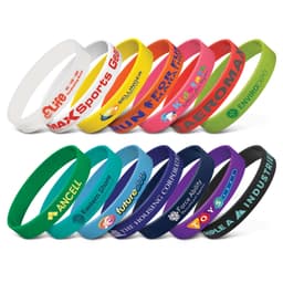 A collection of silicone wristbands in various colours, each featuring distinct logos or branding.