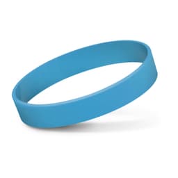 A silicone wristband in a bright blue color, designed for promotional events.