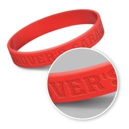 A red silicone wristband with embossed text and a circular inset showing the detail of the band.