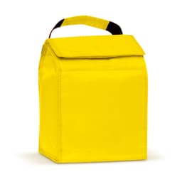 A bright yellow lunch cooler bag with a top flap and a sturdy handle.