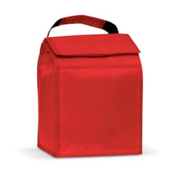 A red lunch cooler bag with a top flap and a handle for easy carrying, featuring a simple design.