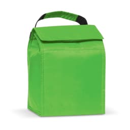 A bright green lunch cooler bag with a fold-over top and a handle.