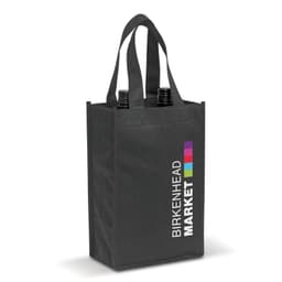 A black tote bag designed to hold two wine bottles, featuring sturdy handles and a logo.