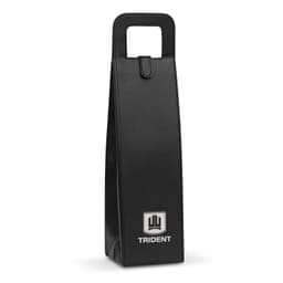 A drink bottle carrier in black leather with a handle and a logo prominently displayed on the front.