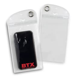 A clear waterproof pouch designed to hold a smartphone, featuring a top zip closure and a branding logo.